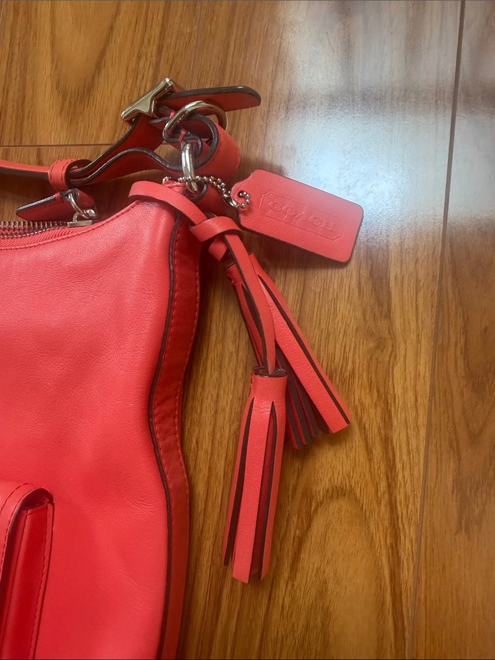 Coach Red Leather Shoulder Bag with Front Pocket and Tassel